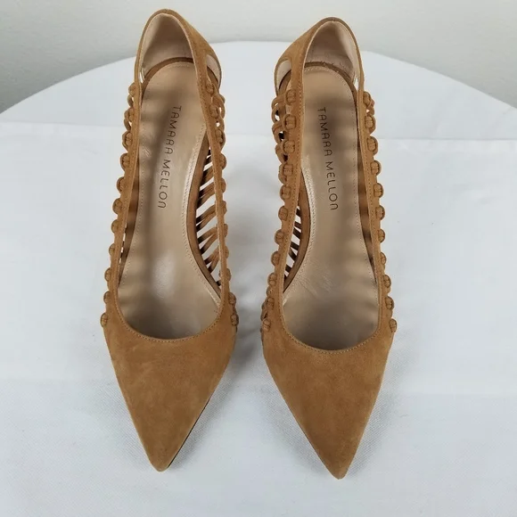 Tamara Mellon Tan Neutral Suede Braided Pointed Toe Pump Heels Size 8 - Picture 4 of 12